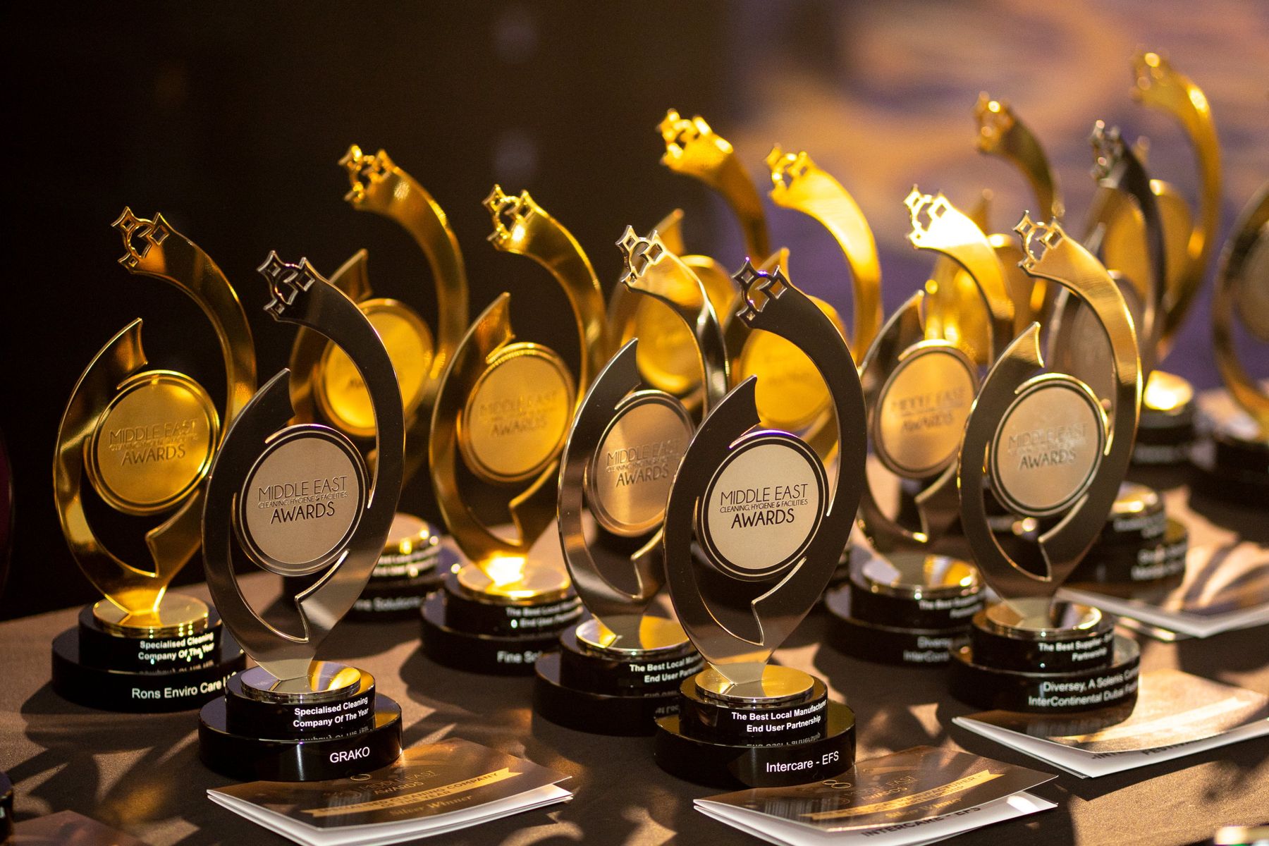 The MECHF Awards trophies lined up before the ceremony