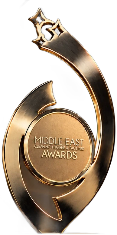 The MECHF Awards trophy on a black marble base, lit by a gold arc of light